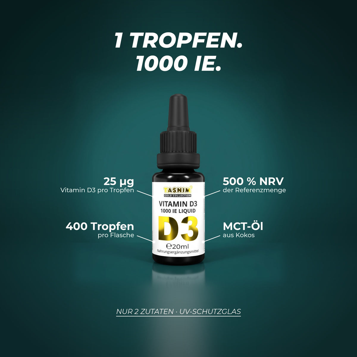1 Tropfen, 1000 IE: 25 µg Vitamin D3 pro Tropfen, 500 % der Referenzmenge, 400 Tropfen pro Flasche, gelöst in MCT-Öl aus Kokos – nur 2 Zutaten, UV-Schutzglas