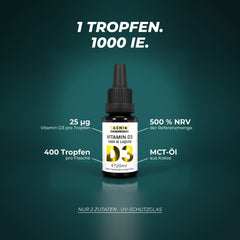 1 Tropfen, 1000 IE: 25 µg Vitamin D3 pro Tropfen, 500 % der Referenzmenge, 400 Tropfen pro Flasche, gelöst in MCT-Öl aus Kokos – nur 2 Zutaten, UV-Schutzglas