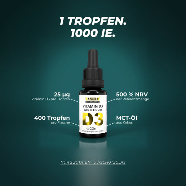 1 Tropfen, 1000 IE: 25 µg Vitamin D3 pro Tropfen, 500 % der Referenzmenge, 400 Tropfen pro Flasche, gelöst in MCT-Öl aus Kokos – nur 2 Zutaten, UV-Schutzglas