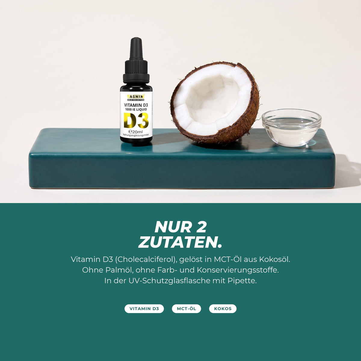 Nur 2 Zutaten: Pipettenflasche neben einer halben Kokosnuss und einem Schälchen MCT-Öl – Vitamin D3 in MCT-Öl aus Kokos, ohne Palmöl