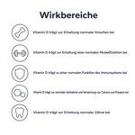 Wirkbereiche von Vitamin D: Knochen, Muskelfunktion, Immunsystem, Calcium- und Phosphoraufnahme, Zähne