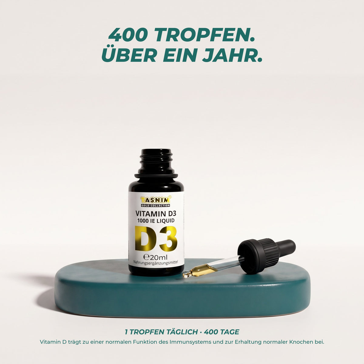 400 Tropfen, über ein Jahr: bei 1 Tropfen täglich reicht die Flasche 400 Tage – Vitamin D trägt zu einer normalen Funktion des Immunsystems und zur Erhaltung normaler Knochen bei