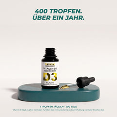 400 Tropfen, über ein Jahr: bei 1 Tropfen täglich reicht die Flasche 400 Tage – Vitamin D trägt zu einer normalen Funktion des Immunsystems und zur Erhaltung normaler Knochen bei