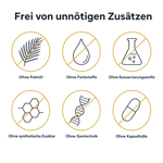 Frei von unnötigen Zusätzen: ohne Palmöl, Farbstoffe, Konservierungsstoffe, synthetische Zusätze, Gentechnik und Kapselhülle