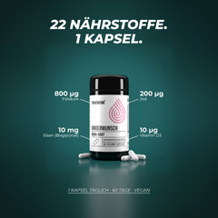 22 Nährstoffe in einer Kapsel: 800 µg Folsäure, 200 µg Jod, 10 mg Eisen als Bisglycinat und 10 µg Vitamin D3 – 1 Kapsel täglich, 60 Tage, vegan