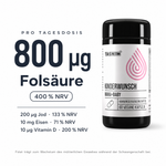 800 µg Folsäure pro Tagesdosis, 400 % NRV. Zusätzlich 200 µg Jod, 10 mg Eisen und 10 µg Vitamin D pro Kapsel, daneben die Tasnim Dose Kinderwunsch Mama+Baby.
