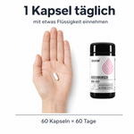 Einnahme: 1 Kapsel täglich mit etwas Flüssigkeit einnehmen. Eine weiße Kapsel auf einer offenen Handfläche, 60 Kapseln reichen 60 Tage.