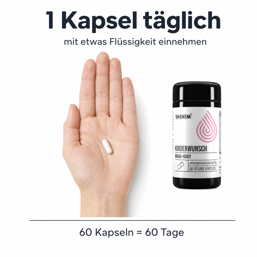 Einnahme: 1 Kapsel täglich mit etwas Flüssigkeit einnehmen. Eine weiße Kapsel auf einer offenen Handfläche, 60 Kapseln reichen 60 Tage.
