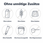 Ohne unnötige Zusätze: sechs durchgestrichene Symbole für ohne Laktose, ohne Gluten, ohne Gelatine, ohne Farbstoffe, ohne Konservierungsstoffe und ohne Magnesiumstearat.