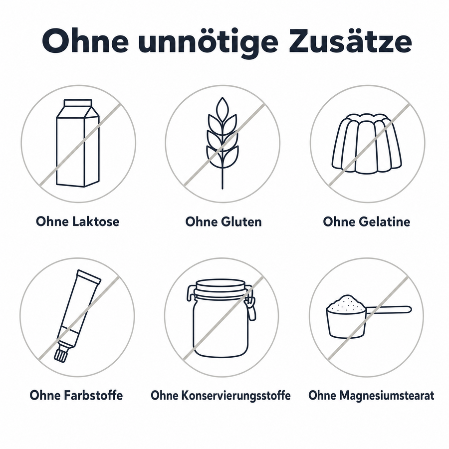 Ohne unnötige Zusätze: sechs durchgestrichene Symbole für ohne Laktose, ohne Gluten, ohne Gelatine, ohne Farbstoffe, ohne Konservierungsstoffe und ohne Magnesiumstearat.