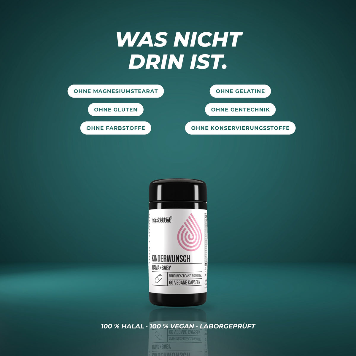Was nicht drin ist: ohne Magnesiumstearat, Gelatine, Gluten, Gentechnik, Farbstoffe und Konservierungsstoffe – halal, vegan, laborgeprüft