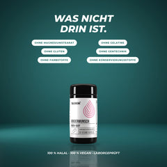Was nicht drin ist: ohne Magnesiumstearat, Gelatine, Gluten, Gentechnik, Farbstoffe und Konservierungsstoffe – halal, vegan, laborgeprüft