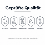Geprüfte Qualität: fünf Siegel für 100 % halal, laborgeprüft, ohne Gentechnik, 100 % vegan und glutenfrei. Hergestellt in Europa nach HACCP, GMP und ISO 22000.