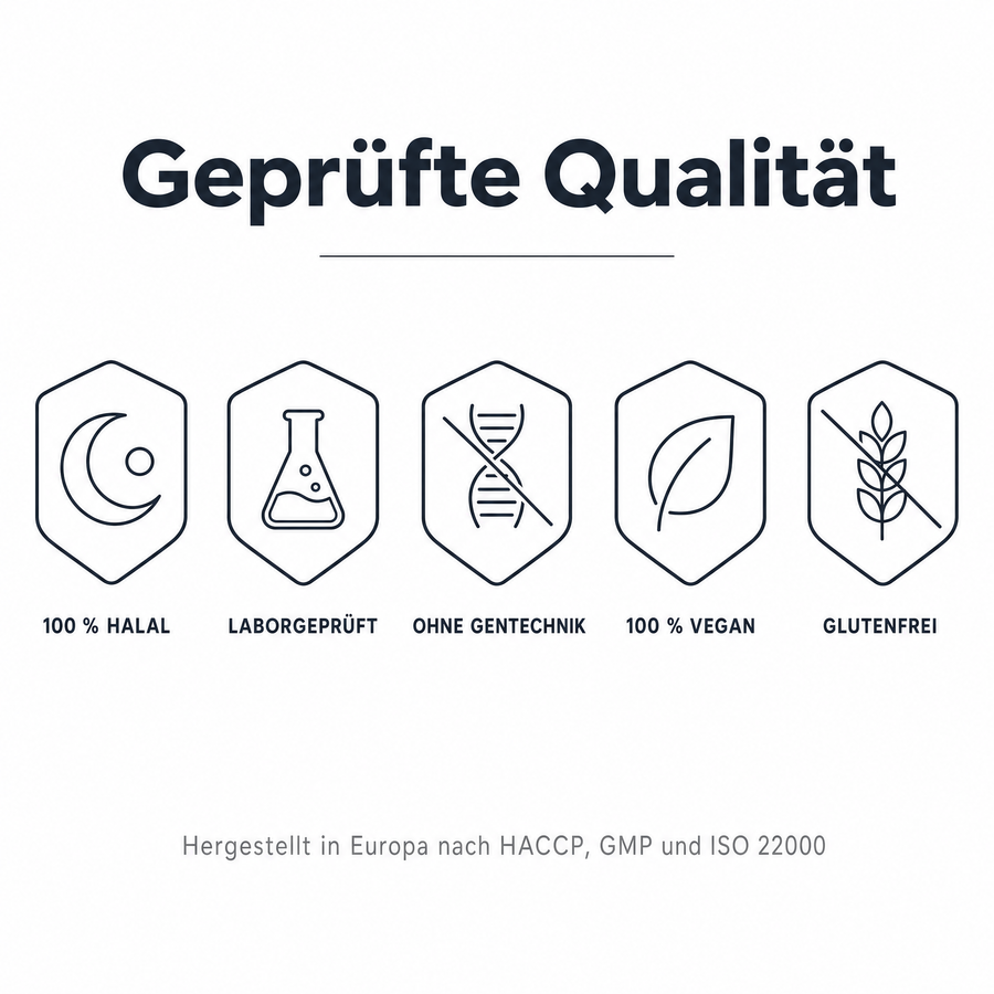 Geprüfte Qualität: fünf Siegel für 100 % halal, laborgeprüft, ohne Gentechnik, 100 % vegan und glutenfrei. Hergestellt in Europa nach HACCP, GMP und ISO 22000.