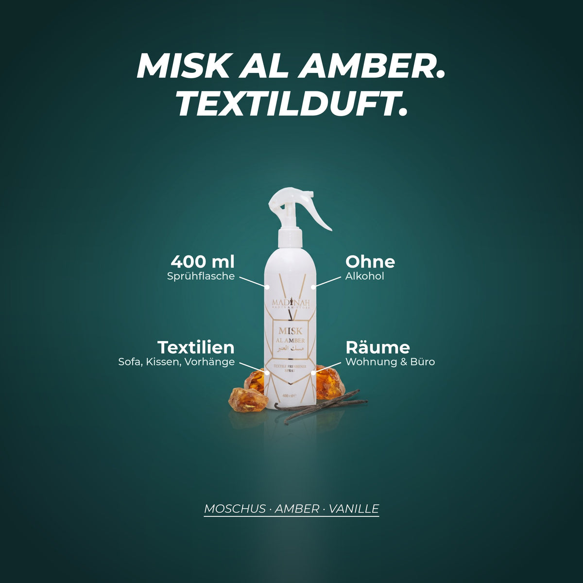 Textilerfrischer Misk Al Amber: 400-ml-Sprühflasche, ohne Alkohol, für Textilien und Räume – Duftnoten: Moschus · Amber · Vanille