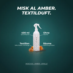 Textilerfrischer Misk Al Amber: 400-ml-Sprühflasche, ohne Alkohol, für Textilien und Räume – Duftnoten: Moschus · Amber · Vanille