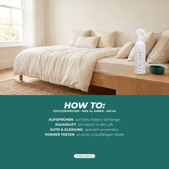 How to: auf Sofa, Kissen und Vorhänge sprühen, als Raumduft in die Luft, für Auto und Kleidung sparsam – vorher an unauffälliger Stelle testen; Sprühflasche neben einem Bett im hellen Schlafzimmer
