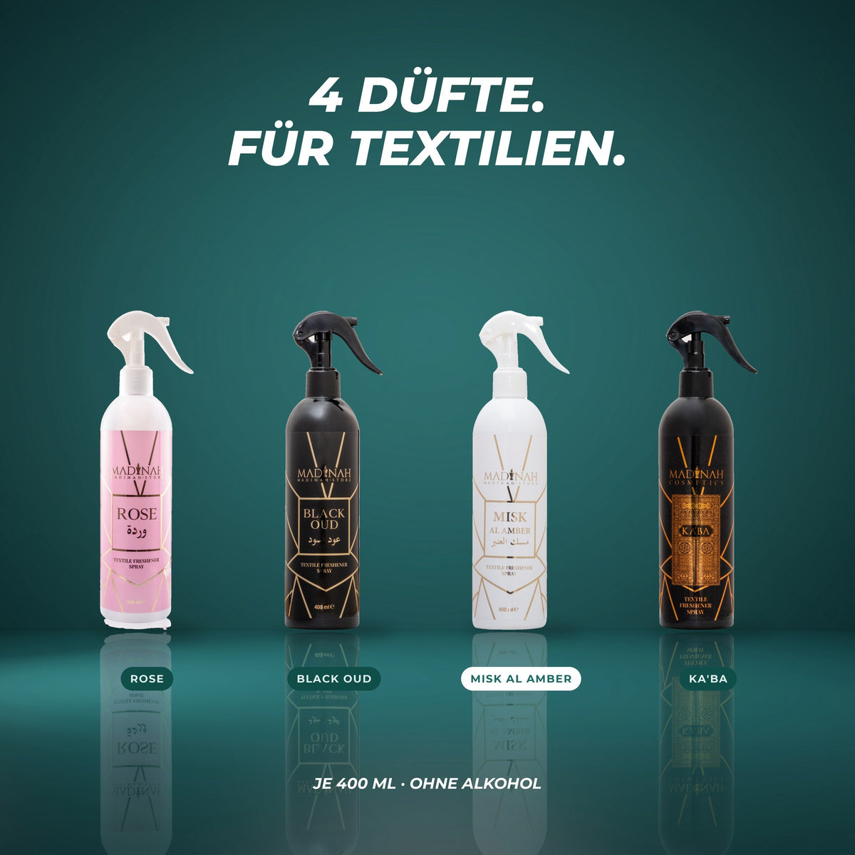 Alle vier Textilerfrischer: Rose, Black Oud, Misk Al Amber und Ka'ba – je 400 ml, ohne Alkohol