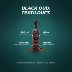 Textilerfrischer Black Oud: 400-ml-Sprühflasche, ohne Alkohol, für Textilien und Räume – Duftnoten: Sandelholz · weißer Moschus · Oud · Amber
