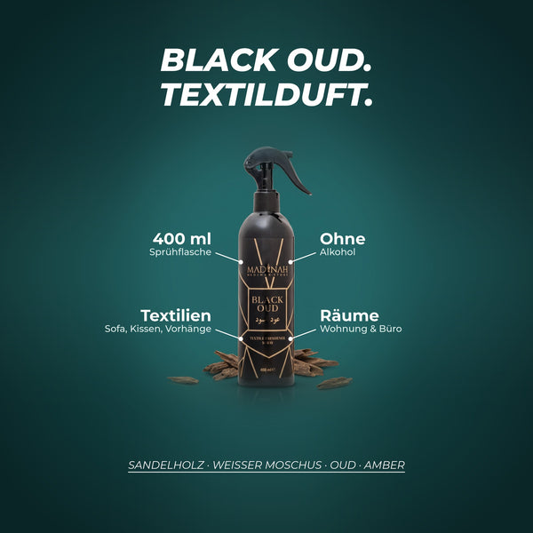 Textilerfrischer Black Oud: 400-ml-Sprühflasche, ohne Alkohol, für Textilien und Räume – Duftnoten: Sandelholz · weißer Moschus · Oud · Amber