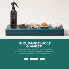 Die Duftnoten: Sprühflasche mit Oud-Holz, Sandelholz, Amberharz und Baumwolle