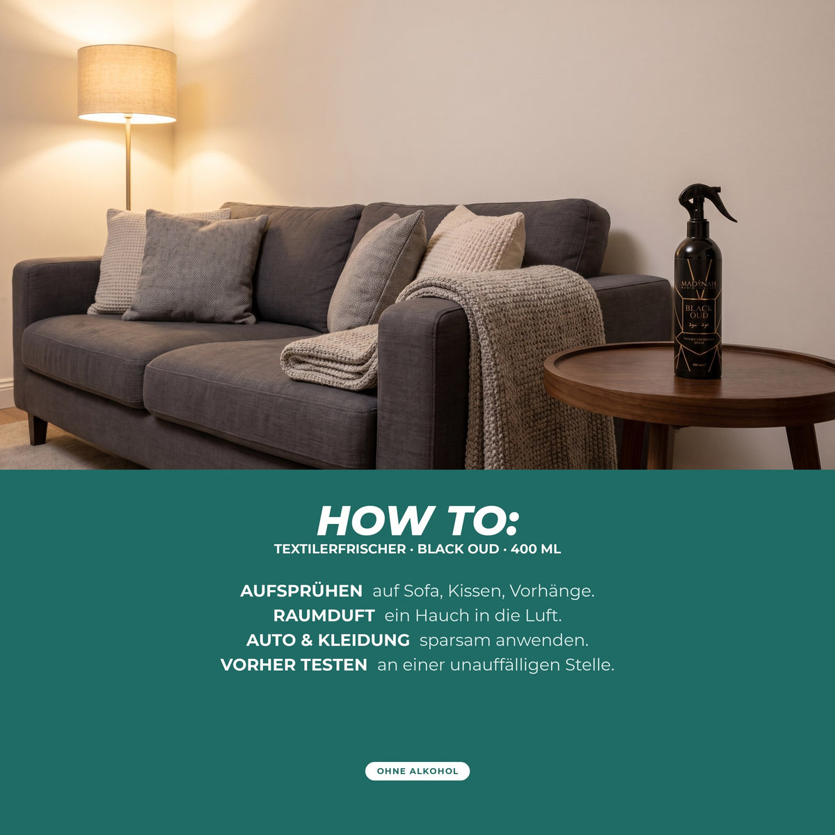 How to: auf Sofa, Kissen und Vorhänge sprühen, als Raumduft in die Luft, für Auto und Kleidung sparsam – vorher an unauffälliger Stelle testen; Sprühflasche neben einem dunklen Sofa im Wohnzimmer