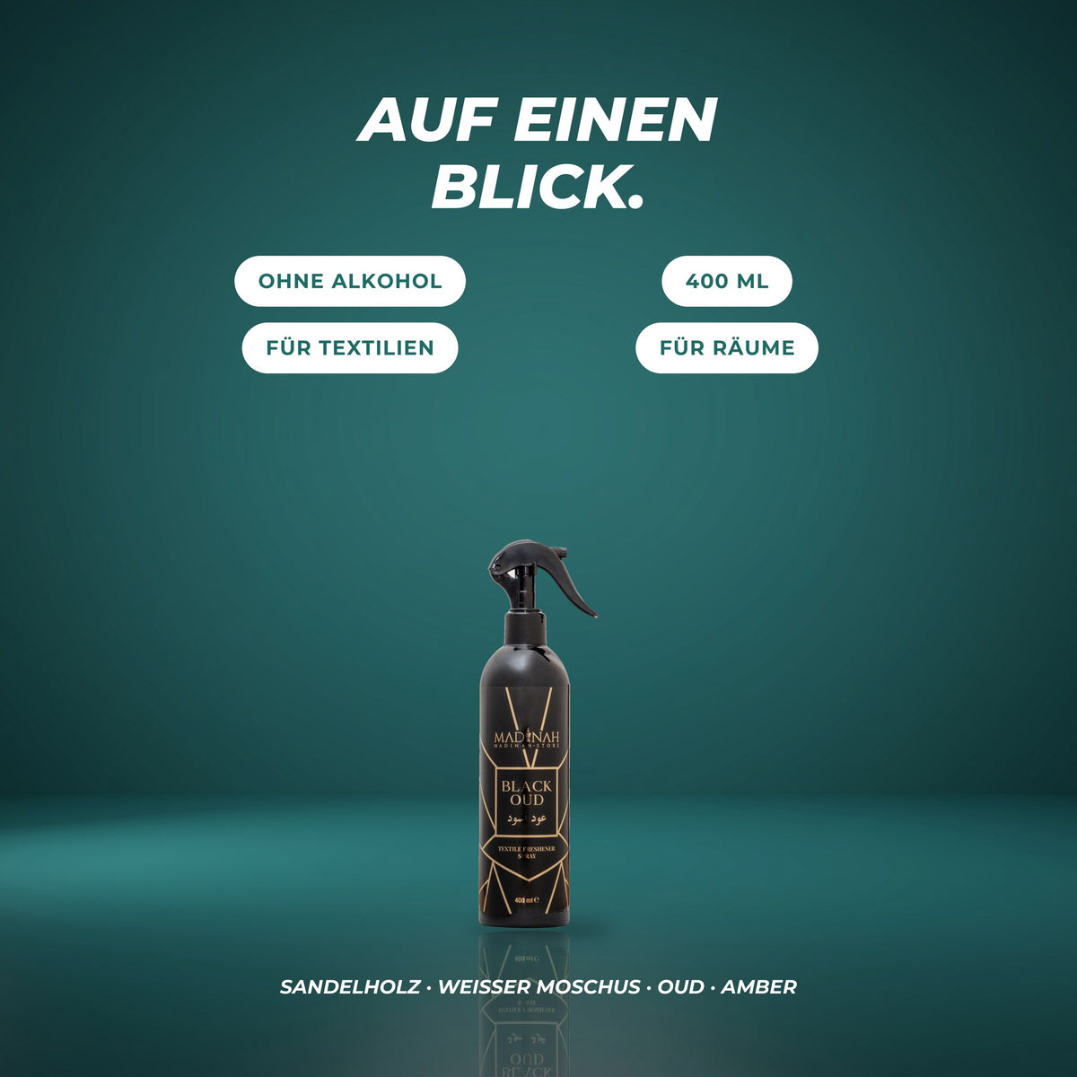 Auf einen Blick: ohne Alkohol, 400 ml, für Textilien und Räume – Sandelholz · weißer Moschus · Oud · Amber