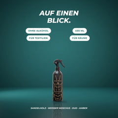 Auf einen Blick: ohne Alkohol, 400 ml, für Textilien und Räume – Sandelholz · weißer Moschus · Oud · Amber