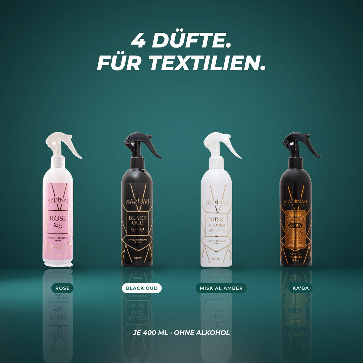 Alle vier Textilerfrischer: Rose, Black Oud, Misk Al Amber und Ka'ba – je 400 ml, ohne Alkohol