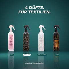 Alle vier Textilerfrischer: Rose, Black Oud, Misk Al Amber und Ka'ba – je 400 ml, ohne Alkohol