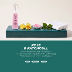 Die Duftnoten: Sprühflasche mit gelben Rosen, Rosenblättern, Patchouli und einem Leinentuch