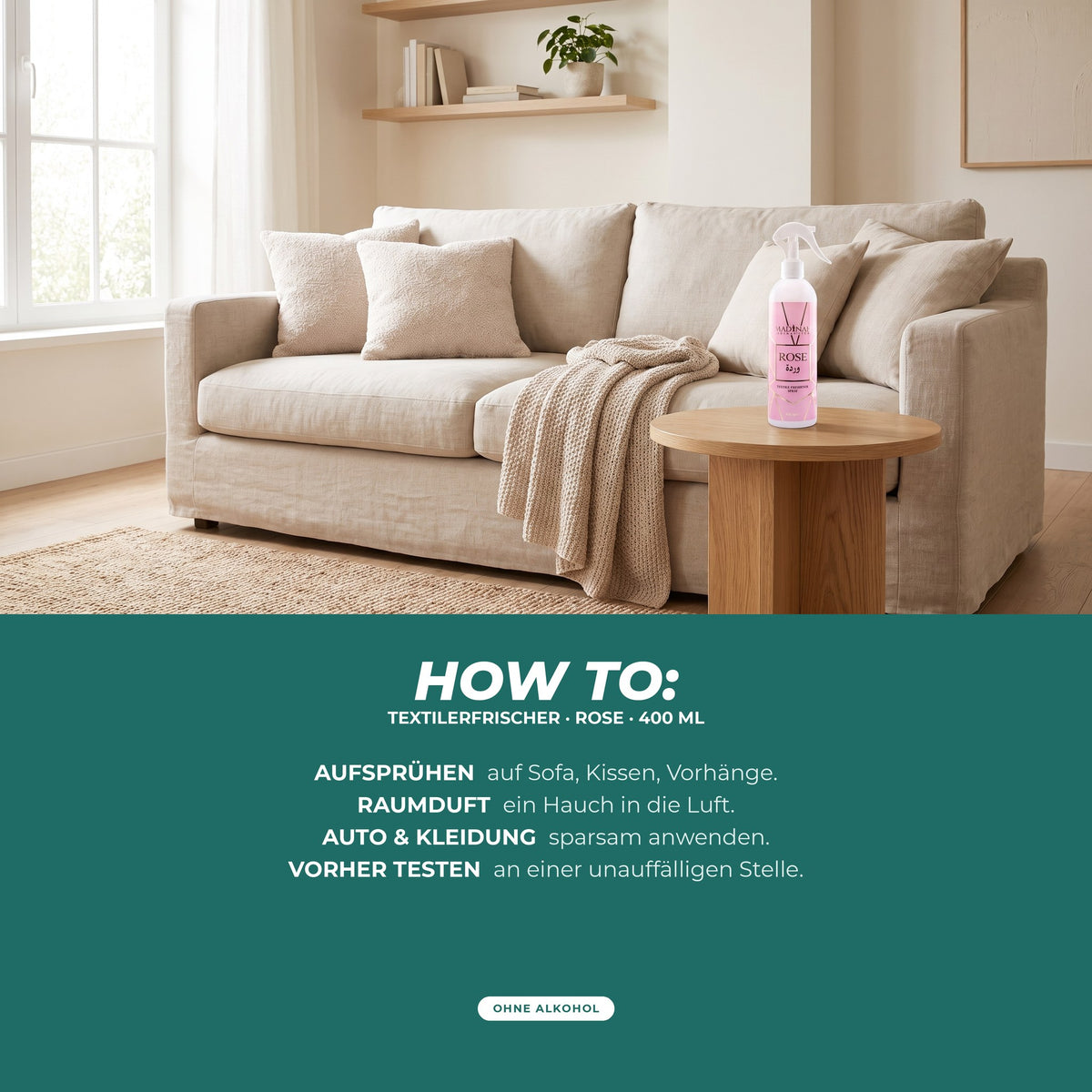 How to: auf Sofa, Kissen und Vorhänge sprühen, als Raumduft in die Luft, für Auto und Kleidung sparsam – vorher an unauffälliger Stelle testen; Sprühflasche neben einem Sofa im hellen Wohnzimmer