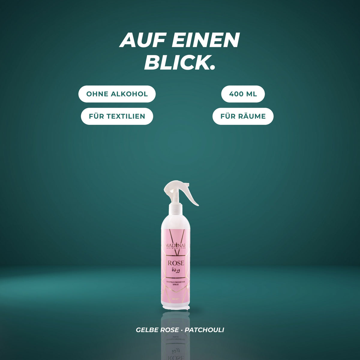 Auf einen Blick: ohne Alkohol, 400 ml, für Textilien und Räume – Gelbe Rose · Patchouli
