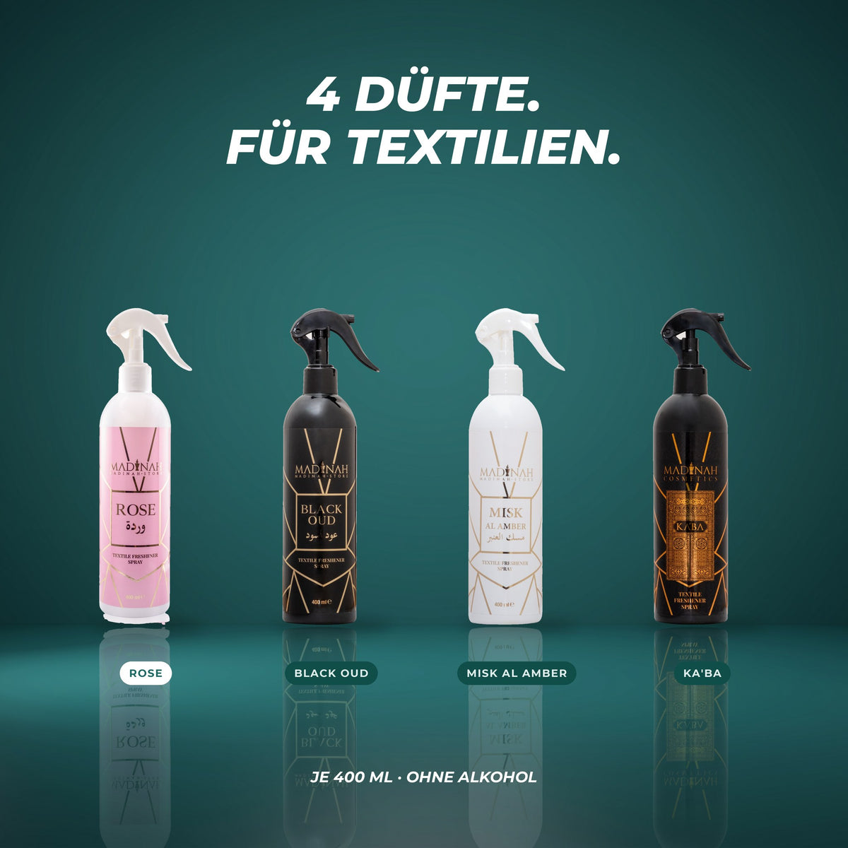 Alle vier Textilerfrischer: Rose, Black Oud, Misk Al Amber und Ka'ba – je 400 ml, ohne Alkohol