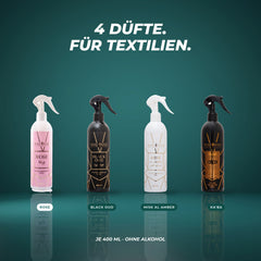 Alle vier Textilerfrischer: Rose, Black Oud, Misk Al Amber und Ka'ba – je 400 ml, ohne Alkohol