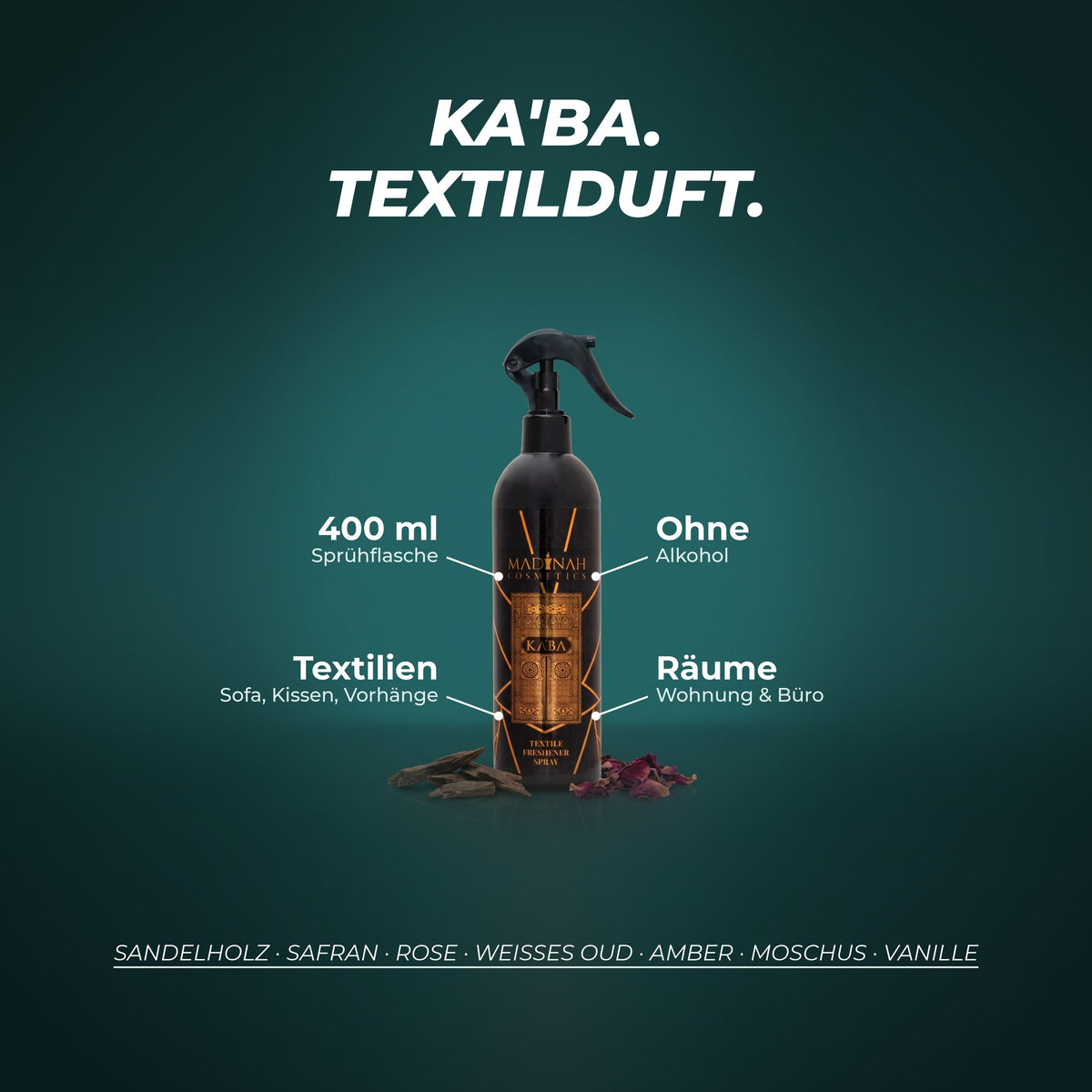 Textilerfrischer Ka'ba: 400-ml-Sprühflasche, ohne Alkohol, für Textilien und Räume – Duftnoten: Sandelholz · Safran · Rose · weißes Oud · Amber · Moschus · Vanille