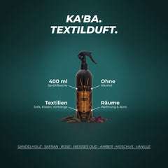 Textilerfrischer Ka'ba: 400-ml-Sprühflasche, ohne Alkohol, für Textilien und Räume – Duftnoten: Sandelholz · Safran · Rose · weißes Oud · Amber · Moschus · Vanille