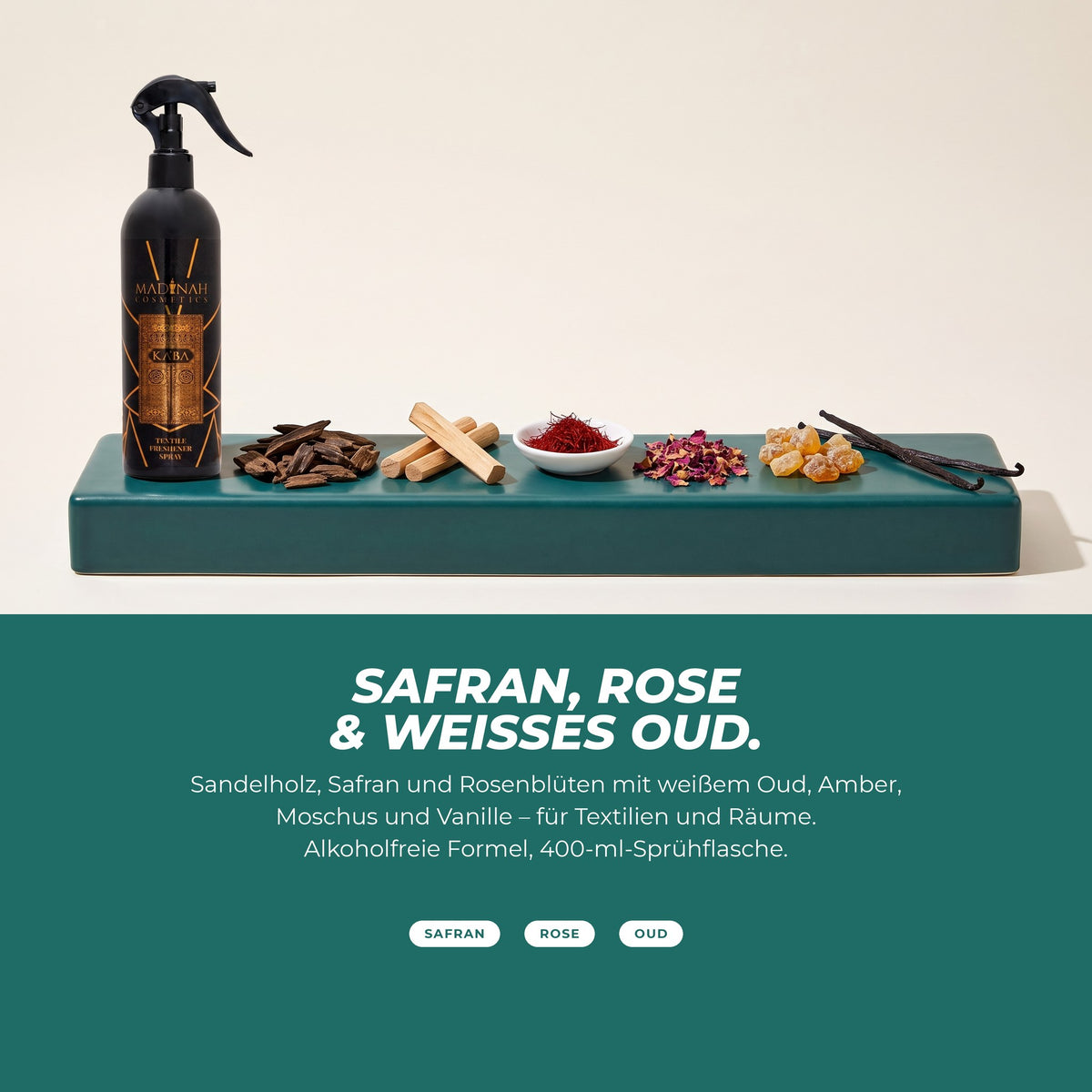 Die Duftnoten: Sprühflasche mit Oud-Holz, Sandelholz, Safran, Rosenblättern, Amberharz und Vanille