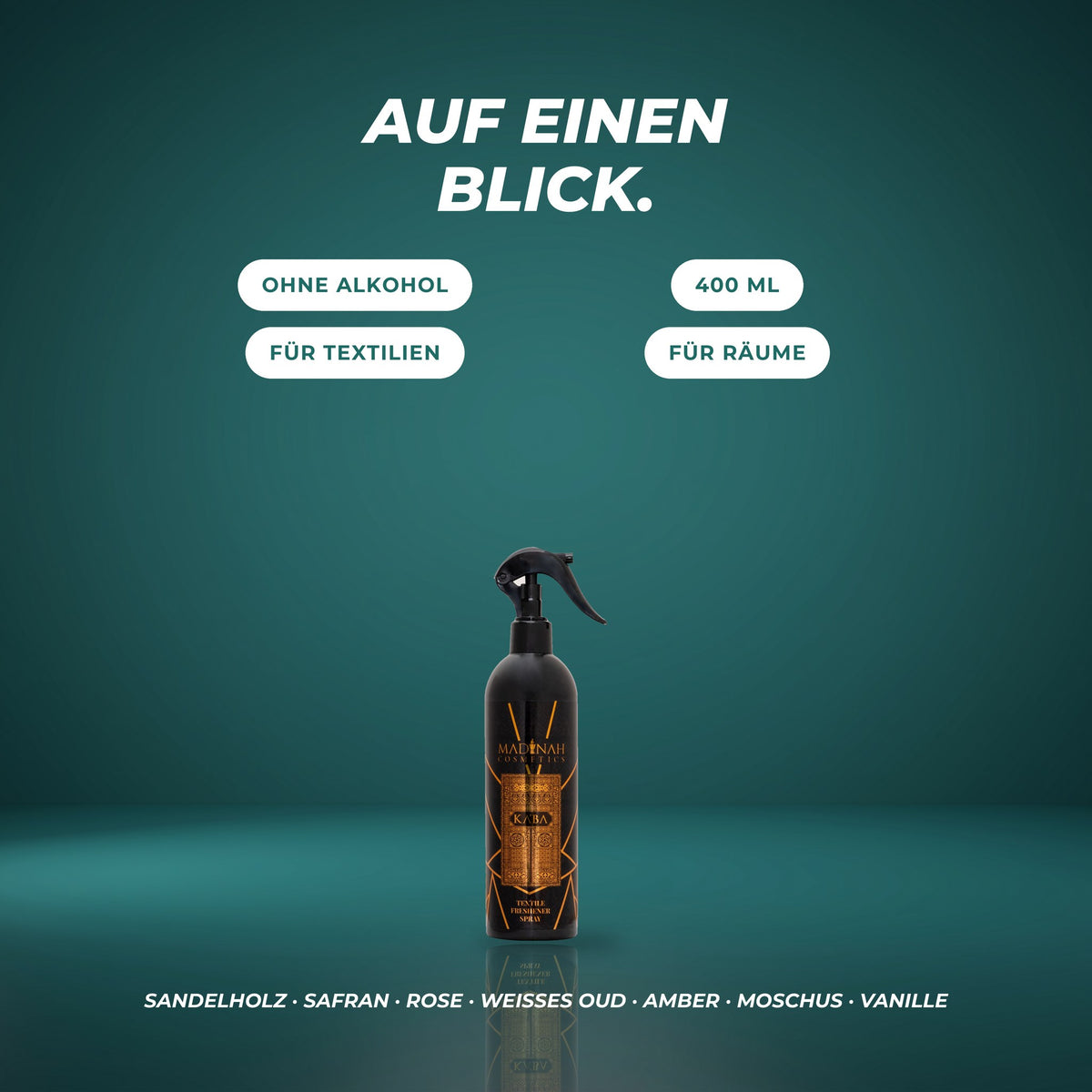 Auf einen Blick: ohne Alkohol, 400 ml, für Textilien und Räume – Sandelholz · Safran · Rose · weißes Oud · Amber · Moschus · Vanille