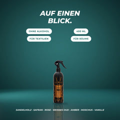 Auf einen Blick: ohne Alkohol, 400 ml, für Textilien und Räume – Sandelholz · Safran · Rose · weißes Oud · Amber · Moschus · Vanille