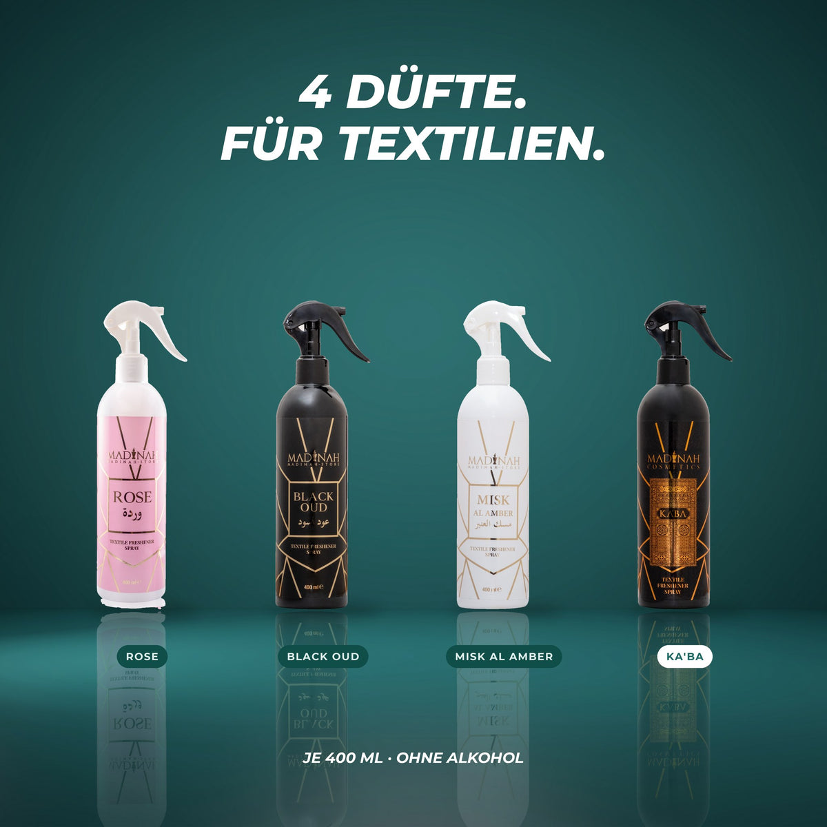 Alle vier Textilerfrischer: Rose, Black Oud, Misk Al Amber und Ka'ba – je 400 ml, ohne Alkohol