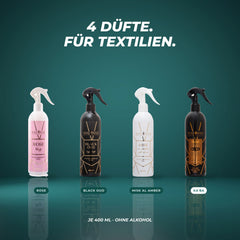 Alle vier Textilerfrischer: Rose, Black Oud, Misk Al Amber und Ka'ba – je 400 ml, ohne Alkohol