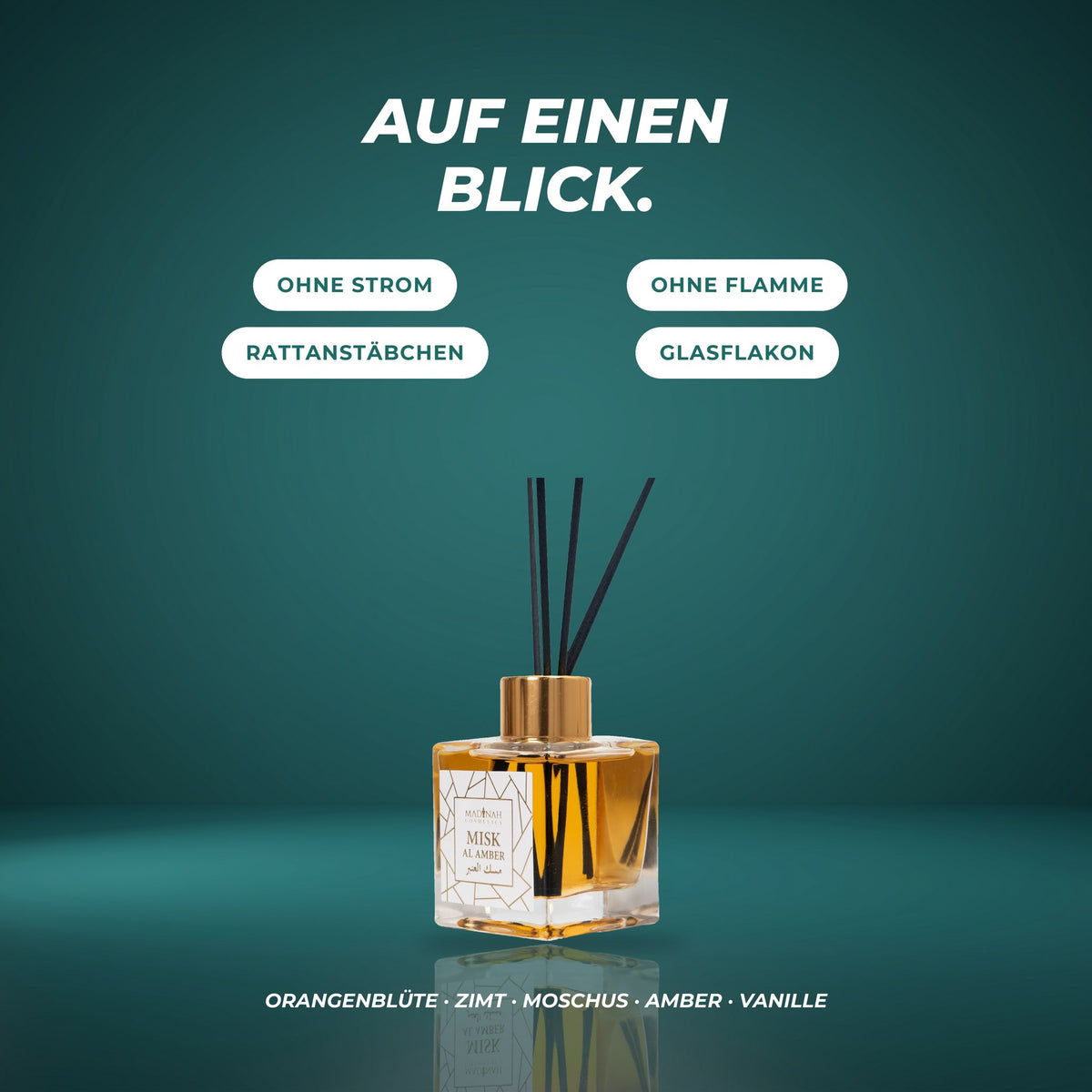 Auf einen Blick: ohne Strom, ohne Flamme, mit Rattanstäbchen im Glasflakon – Orangenblüte · Zimt · Moschus · Amber · Vanille