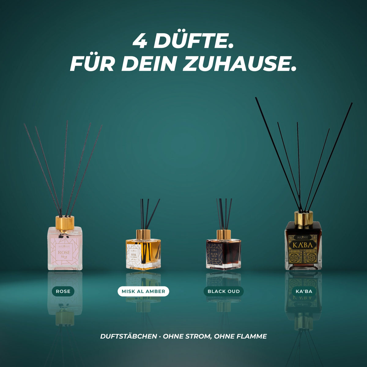 Alle vier Duftstäbchen: Rose, Misk Al Amber, Black Oud und Ka'ba