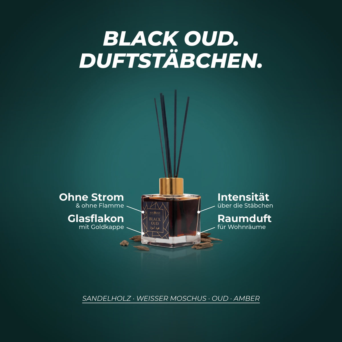Duftstäbchen Black Oud: ohne Strom und ohne Flamme, Intensität über die Anzahl der Stäbchen, Glasflakon mit Goldkappe – Duftnoten: Sandelholz · weißer Moschus · Oud · Amber
