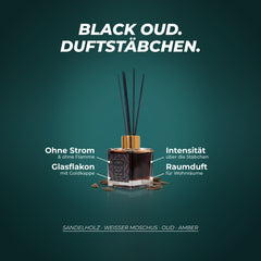 Duftstäbchen Black Oud: ohne Strom und ohne Flamme, Intensität über die Anzahl der Stäbchen, Glasflakon mit Goldkappe – Duftnoten: Sandelholz · weißer Moschus · Oud · Amber