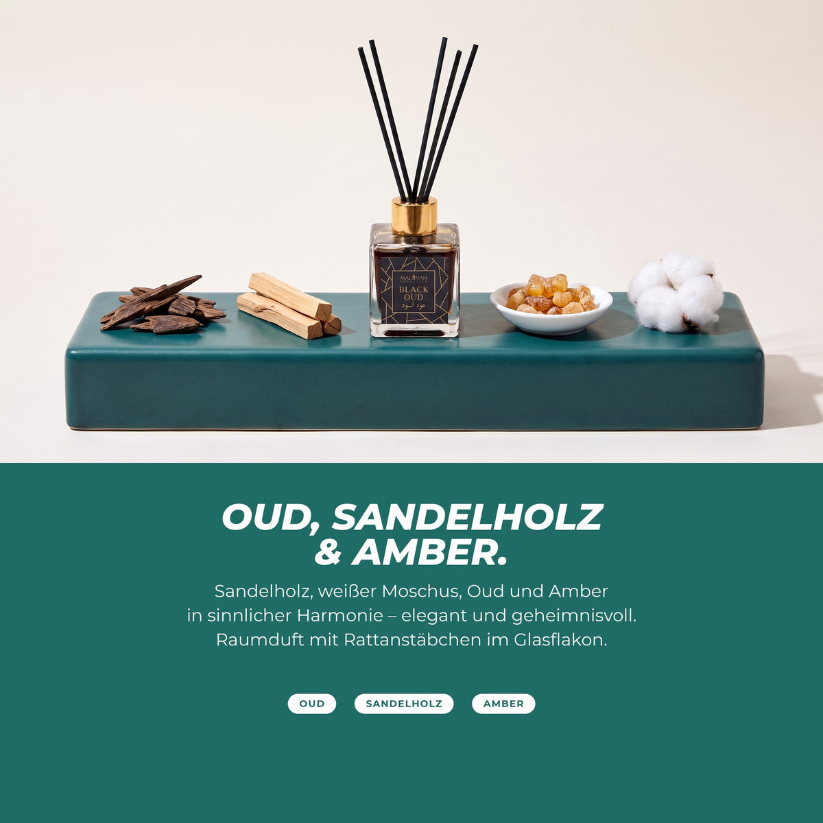 Die Duftnoten: Duftstäbchen mit Oud-Holz, Sandelholz, Amberharz und Baumwolle