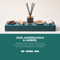 Die Duftnoten: Duftstäbchen mit Oud-Holz, Sandelholz, Amberharz und Baumwolle