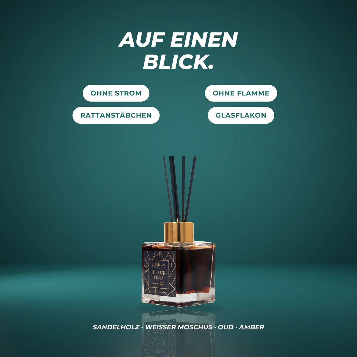 Auf einen Blick: ohne Strom, ohne Flamme, mit Rattanstäbchen im Glasflakon – Sandelholz · weißer Moschus · Oud · Amber