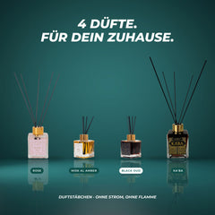 Alle vier Duftstäbchen: Rose, Misk Al Amber, Black Oud und Ka'ba